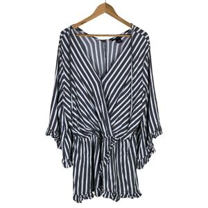 Ashley Stewart Black and White Striped V-Neck Tunic Romper